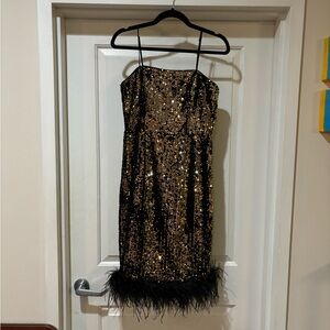 Black and Gold Sequin Feather Midi Dress